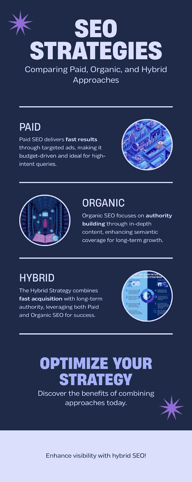 SEO software interface showcasing SEO strategies for paid, organic, and hybrid approaches.