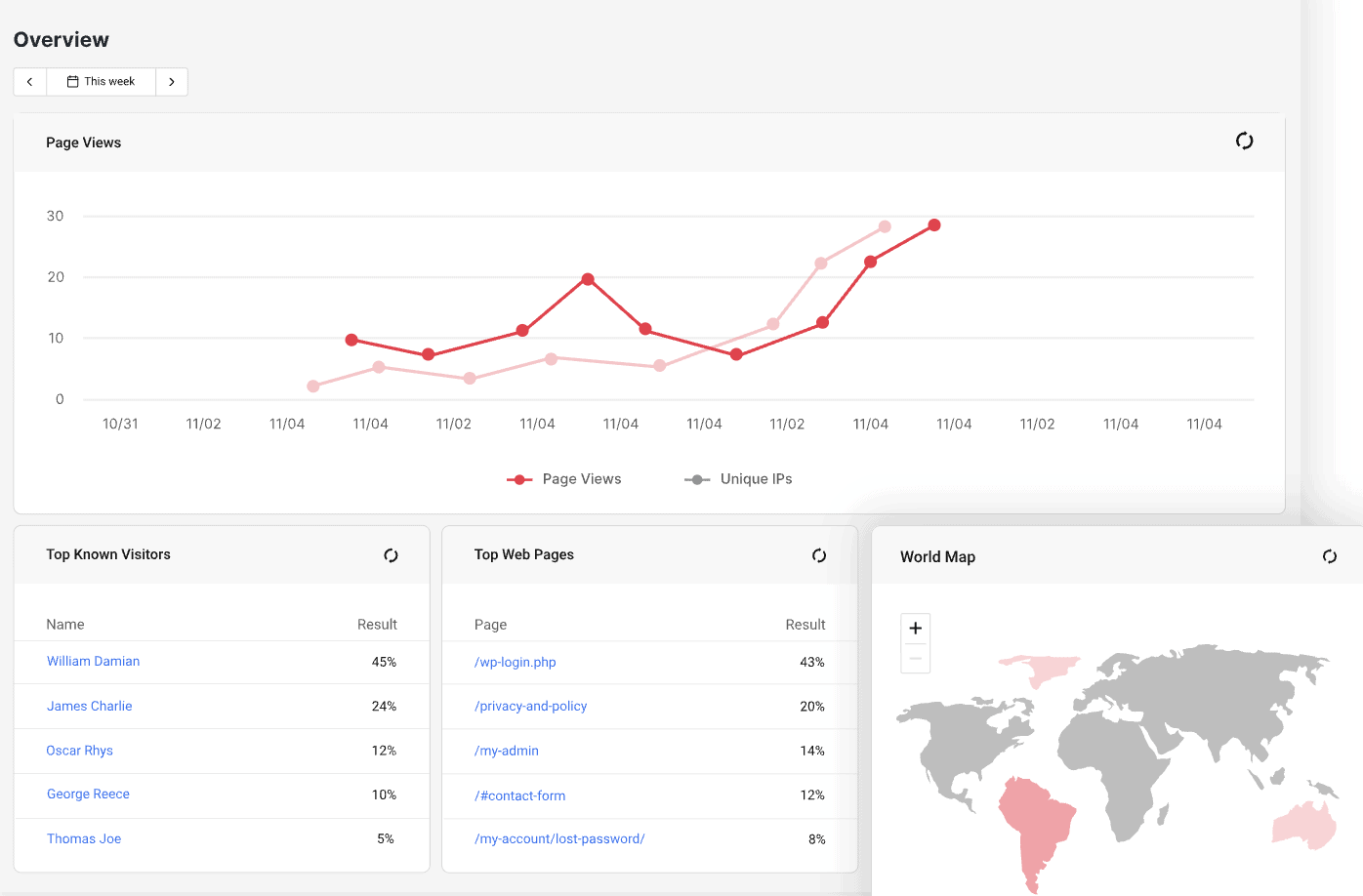 Advanced SEO software dashboard showing page views and top pages analytics.