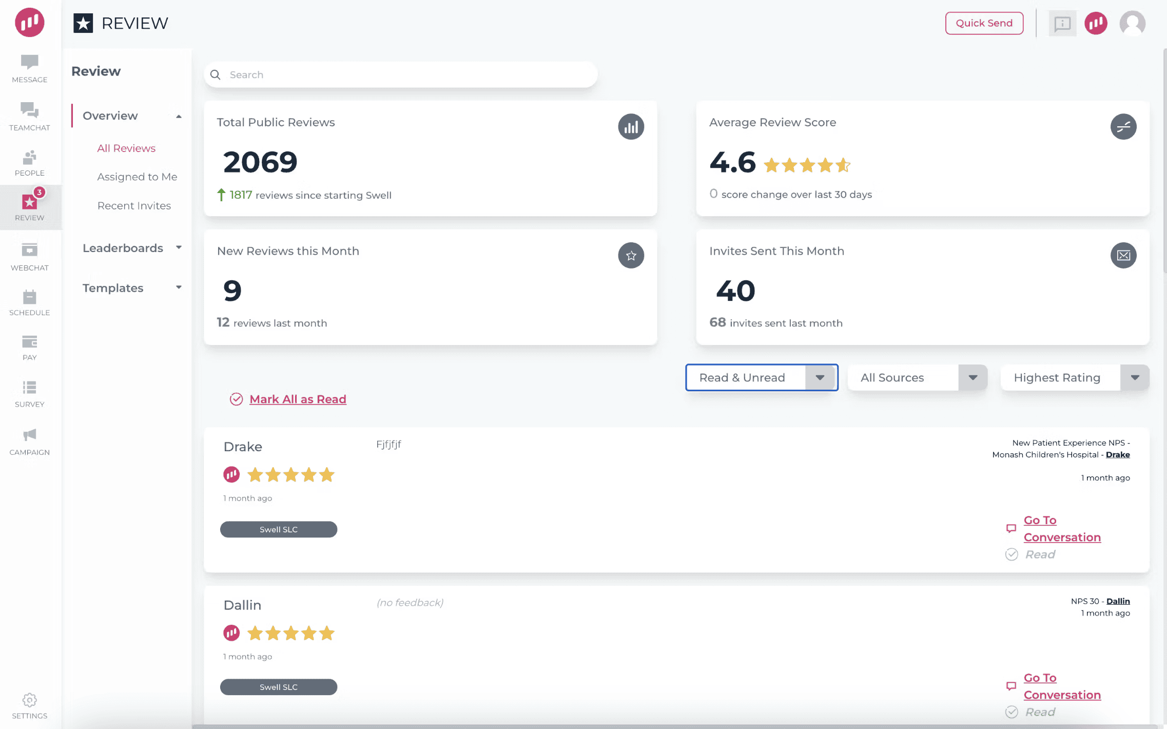 Advanced SEO software dashboard with review analytics and keyword insights.