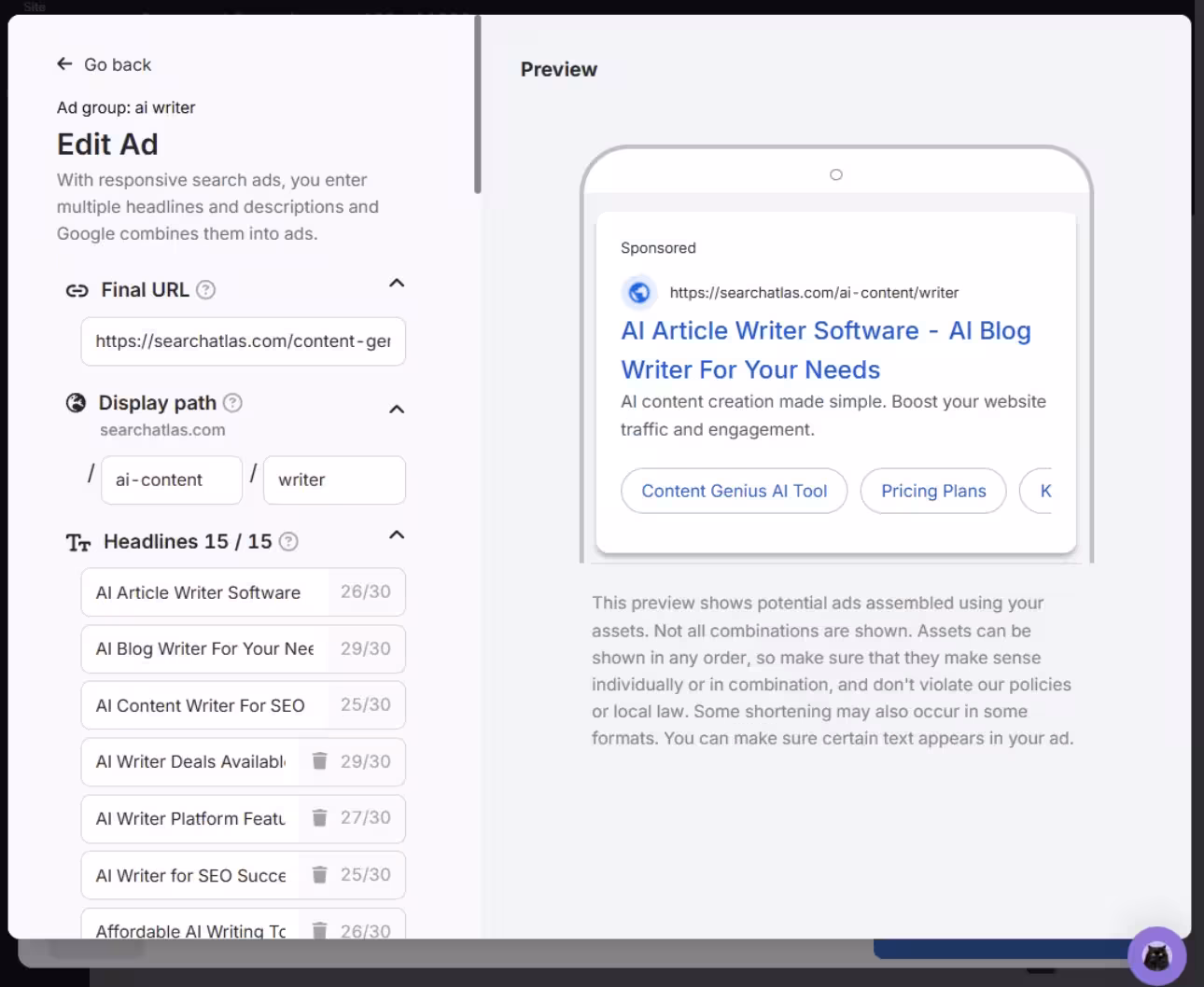 AI Writer ad editing interface