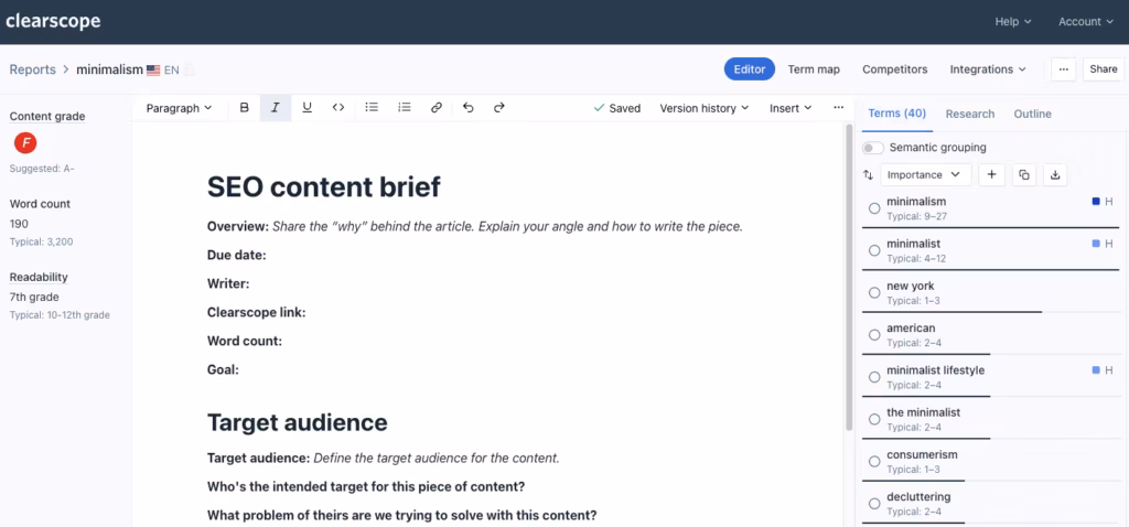Via Clearscope AI Tool clearscope ai brief and outline generation