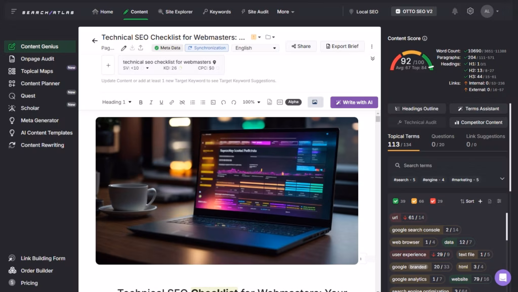 Create high-ranking content easily Content Genius features to get suggested focus terms, AI images, NLP terms, ideal word count, internal linking, and subtopics. content genius image 3 high readability score content
