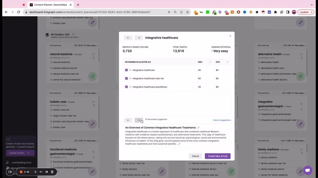 A computer screen displays a content planner dashboard with a keyword analysis pop-up for “integrative healthcare,” showing monthly search volume, keyword scores, and related keywords. A computer screen displays a content planner dashboard with a keyword analysis pop-up for "integrative healthcare," showing monthly search volume, keyword scores, and related keywords.