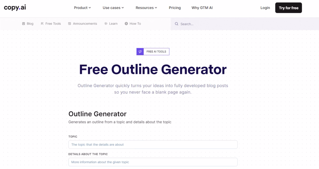 Via Copy.ai copy.ai free outline generator