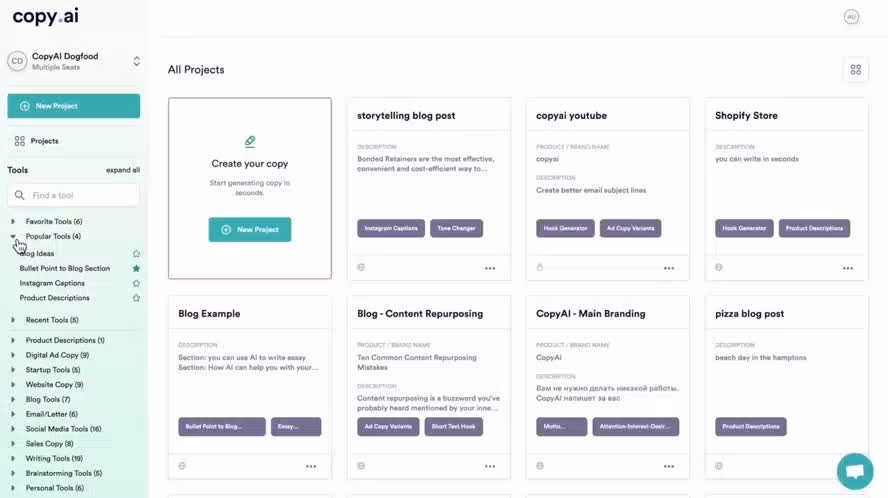 Via Copy.ai Copy.ai main dashboard