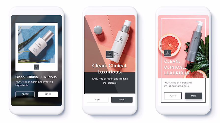 Via Google Help Three mobile ad designs showcasing cosmetic products with the tagline Clean Clinical Luxurious