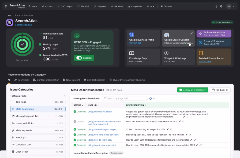 Screenshot of a Search Atlas dashboard showcasing OTTO’s SEO optimization statistics, scores, and issues. Various sections display data such as optimization score, Google Business Profile, and meta description issues. Otto SEO Dashboard showcasing AI-powered SEO automation tools