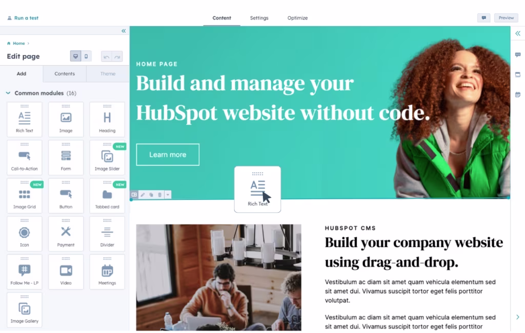 Via HubSpot HubSpot CMS editor showing drag-and-drop page builder with rich text, image, and call-to-action modules for creating a no-code website