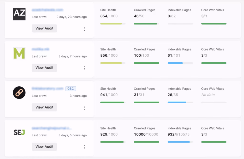 Four screenshots of website SEO audit summaries showing site health, numbers of crawled and indexable pages, core web vitals scores, and the Topical Map. Four screenshots of website SEO audit summaries showing site health, numbers of crawled and indexable pages, core web vitals scores, and the Topical Map.