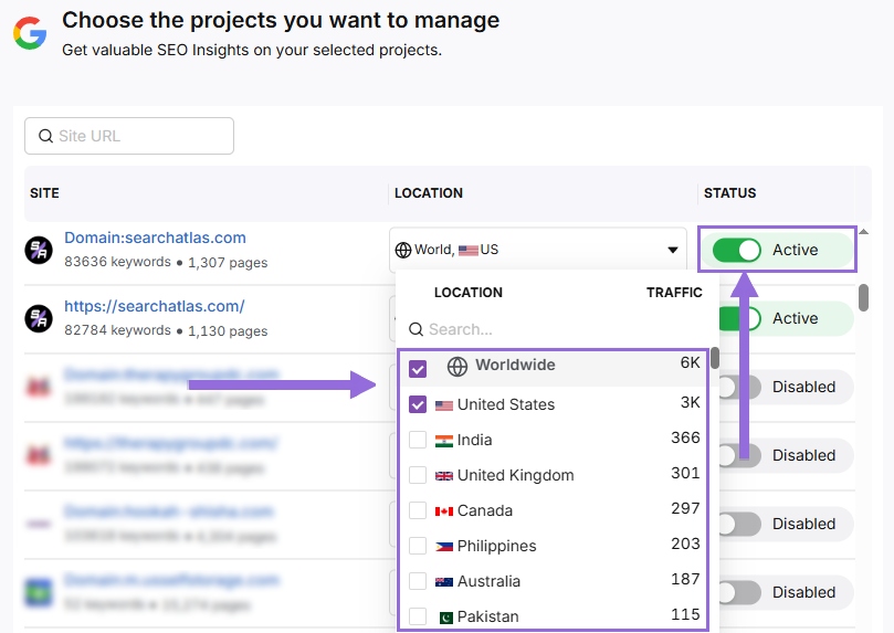 search atlas Connect GSC Account step 3 activate sites