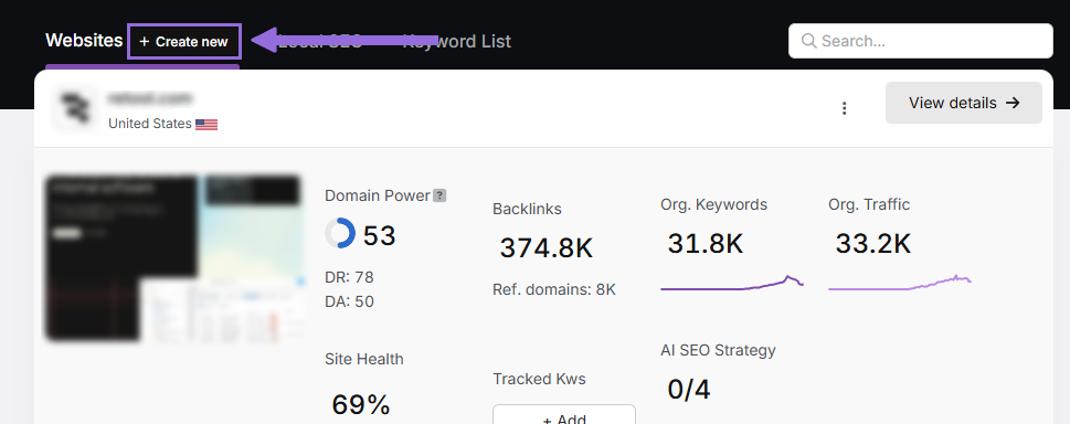 search atlas Create a New Project step 1