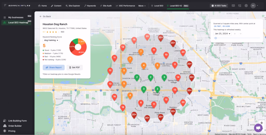 Track the progress of your Google Business ranking with Search Atlas’ local keyword comparison tool. Generate side-by-side heat maps to see how your business’s visibility has evolved over time. Search Atlas Local Keyword Comparison Heatmap Feature