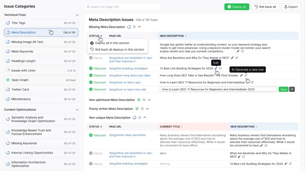 Dashboard displaying a list of meta description issues for various URLs, including statuses and new descriptions, with options for deploying changes to enhance site optimization. Dashboard displaying a list of meta description issues for various URLs, including statuses and new descriptions, with options for deploying changes to enhance site optimization.