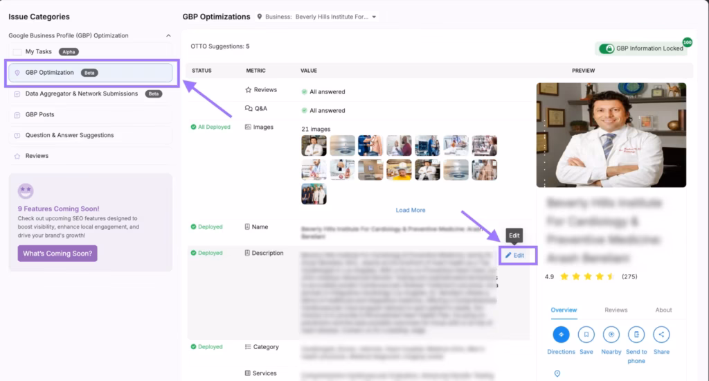 Search Atlas’ GBP dashboard allows you to manage image galleries, status options, reviews, descriptions, links, and other core information to help optimize your profile. Search Atlas google my business management software overview dashboard