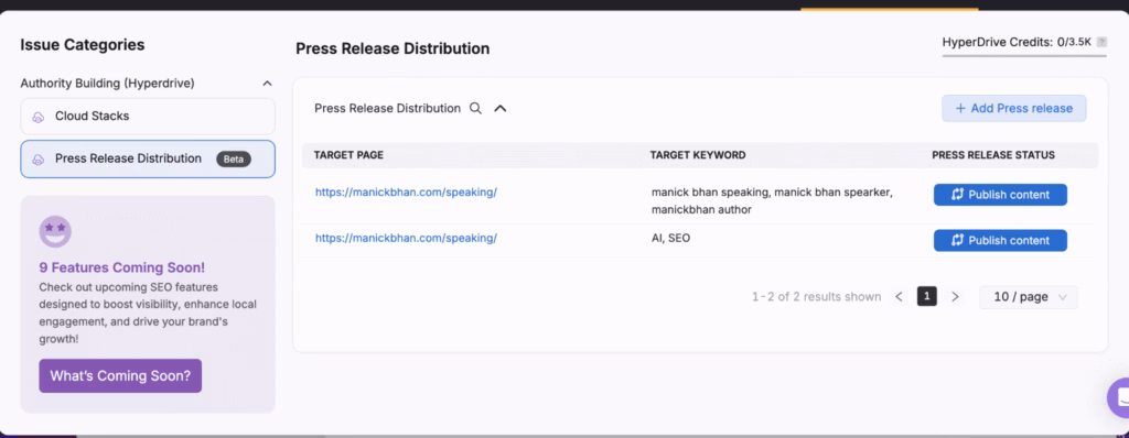 OTTO integration with press release distribution and cloud stacks. Screenshot of Otto SEO's press release distribution tool showing two press releases with target keywords and a button to publish content. A sidebar advertises upcoming SEO features.