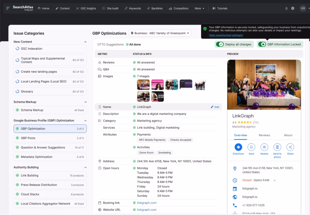 Screenshot of a digital marketing dashboard displaying SEO and GBP optimization details, including business info, categories, and working hours. A group photo is featured on the right side.