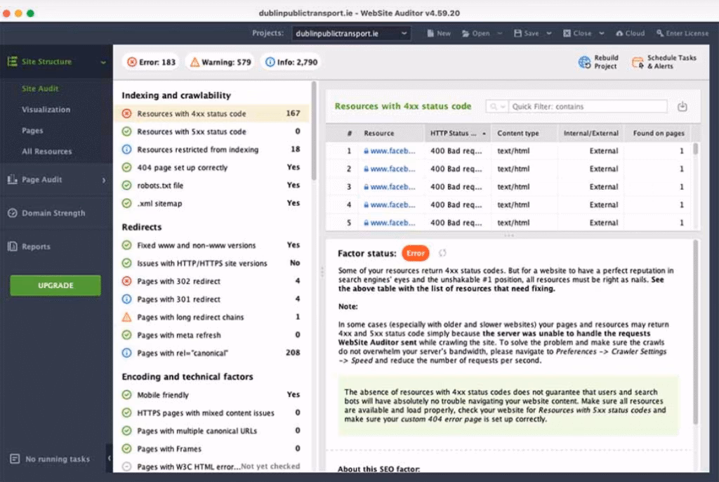 Via Style Factory SEO PowerSuite WebSite Auditor dashboard