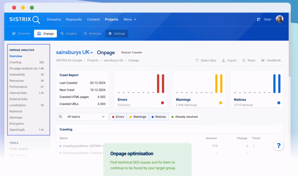 Via Sistrix SISTRIX onpage analysis
