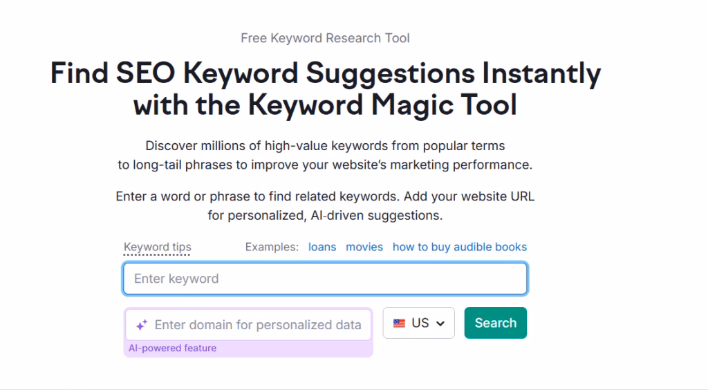 Via Semrush Navigating to Semrush keyword magic tool