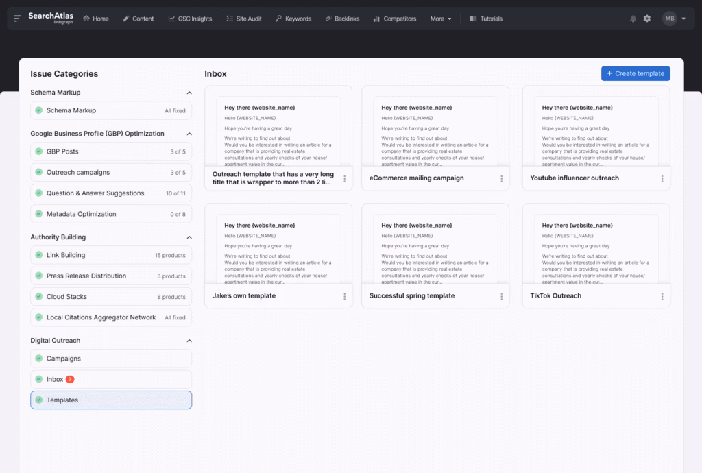 A dashboard interface showcasing various issue categories on the left column and a selection of outreach email templates in the inbox section on the right. The interface includes navigation options at the top, perfect for managing your digital PR efforts. A dashboard interface showcasing various issue categories on the left column and a selection of outreach email templates in the inbox section on the right. The interface includes navigation options at the top, perfect for managing your digital PR efforts.