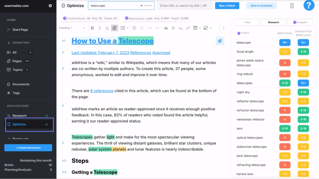 Via MarketMuse the optimize feature in marketmuse