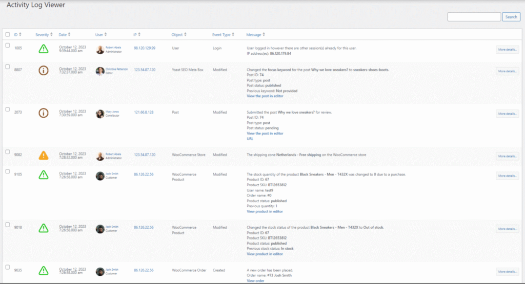 Via WordPress WP Activity Log viewer