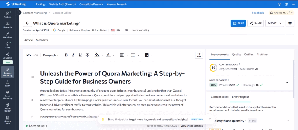 Via SE Ranking content editor SE Ranking