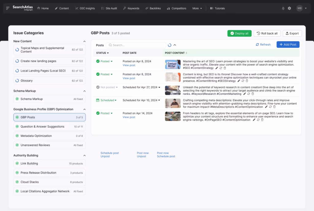 OTTO is your one-stop AI SEO tool to detect site issues and even automatically fix them! OTTO SEO dashboard displays GBP posts, their status (posted or scheduled), and the post content