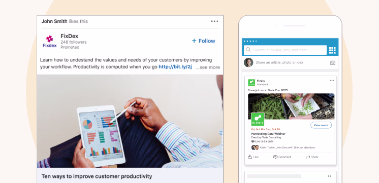 Via Linkedin Ads Examples of LinkedIn sponsored ads promoting business productivity and event campaigns on mobile and desktop views