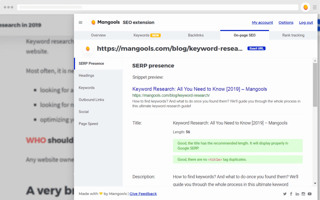 via Chrome Web Store Mangools SEO Extension KW research