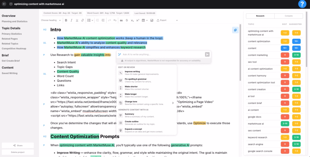 Via MarketMuse MarketMuse Content optimization tool