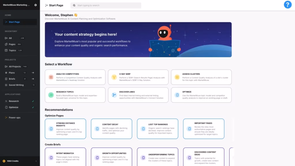 Via MarketMuse MarketMuse Content Planner Dashboard