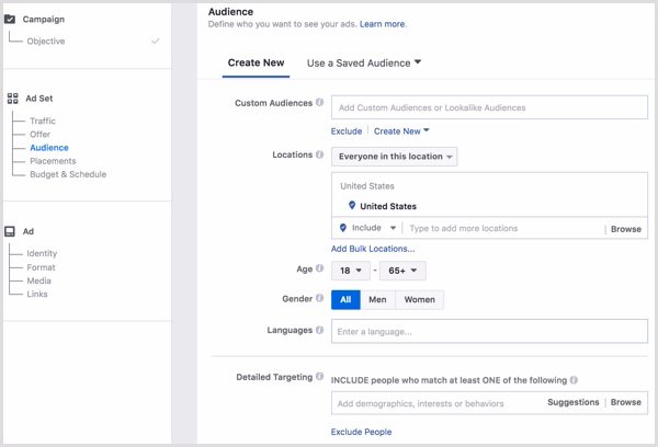 Via Social Media Examiner meta ads choose audience