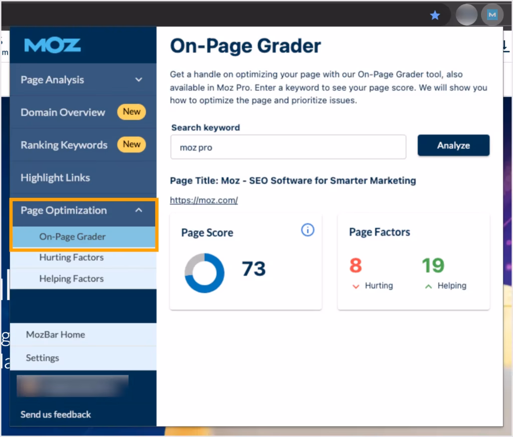 Via Moz moz MozBar onpage grader optimization