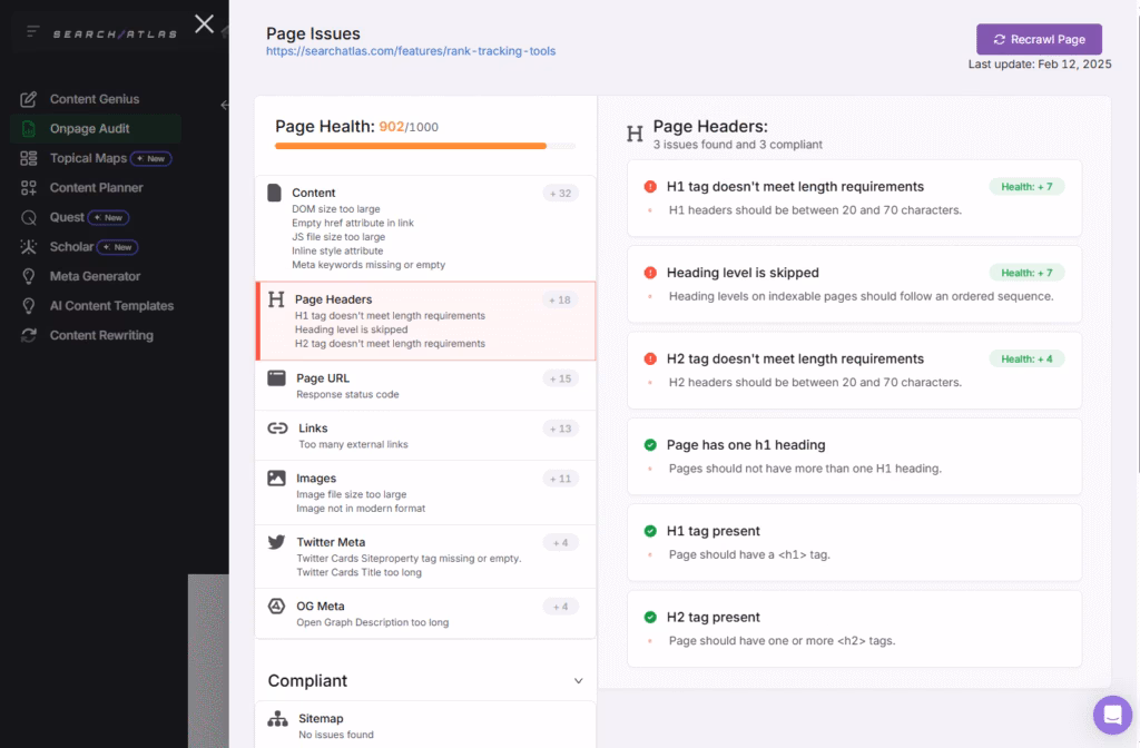 Use On-page Audit Tool to find and fix Heading problems onpage audit tool page headers