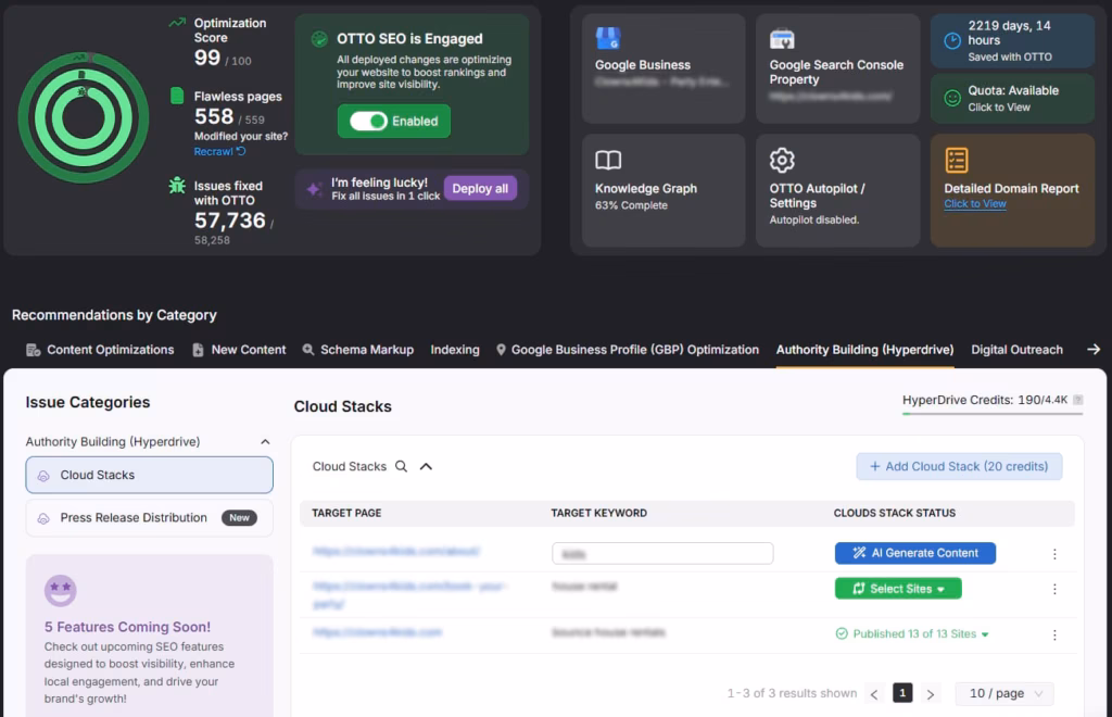 OTTO enhances your authority building efforts with link building order options, on-page SEO recommendations, cloud stacks, and PR distribution options. OTTO authority building tab with cloud stacks and PR distribution
