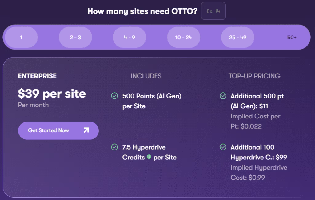 More sites, less cost — OTTO unlocks $39/site pricing with 50+ sites on Search Atlas. otto gets cheaper 50+ sites example 39 per site