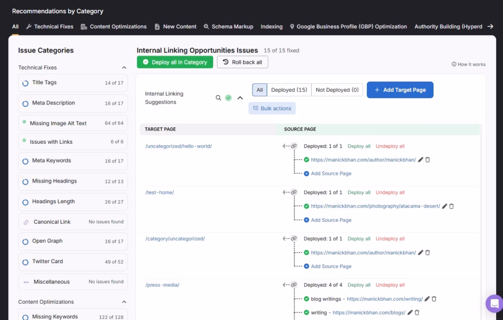 Use OTTO to find target pages and see recommended internal links to those pages. With OTTO you get recommended NLP schema markups and you can easily deploy them across your site from the OTTO dashboard.