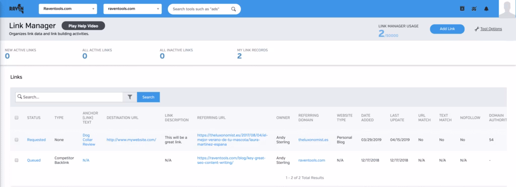 Via Raven Tools Raven Tools Backlink Analysis