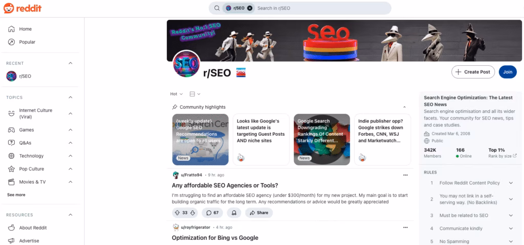 Got a pressing SEO question? Get insights from SEOs of all levels on Reddit. Reddit SEO Community Example
