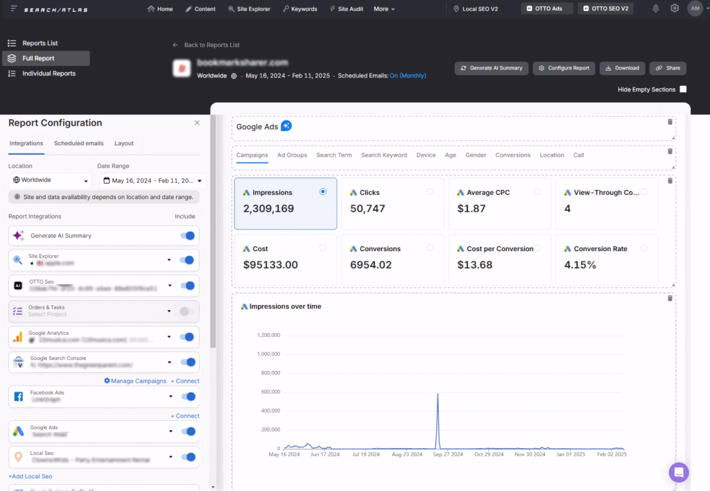 Otto reporting tool interface displaying Google Ads performance metrics and campaign analytics. reporting tool otto google ads