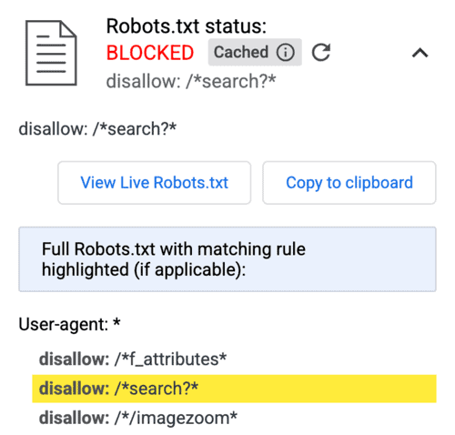 via CheckRobots BLOCKED Robots.txt status indicating search engine access restriction.