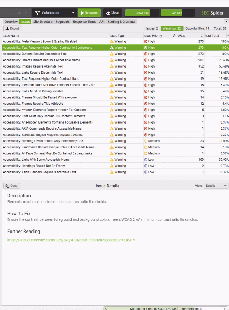 Via Screaming Frog Screaming Frog Accessibility issues Tab