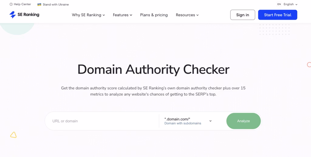 Via SE Ranking Domain Authority checker SE ranking