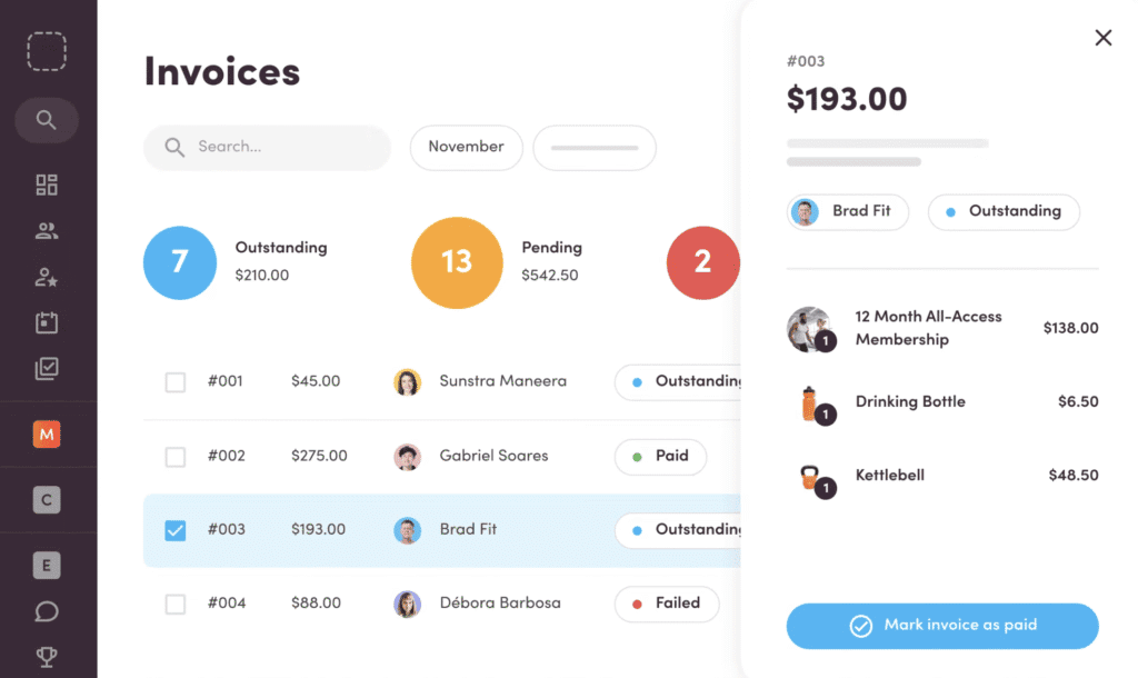 Advanced SEO software dashboard showing invoice management and keyword analytics.