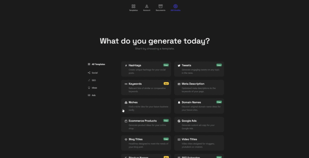 Advanced SEO software interface showcasing keyword, hashtag, and domain name generation tools.