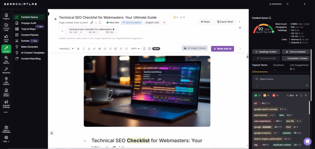 Create high-ranking content easily Content Genius features to get suggested focus terms, AI images, NLP terms, ideal word count, internal linking, and subtopics. search atlas AI content assistant content genius SEO content generation readability score headings outline terms assistant competitor analysis image generation