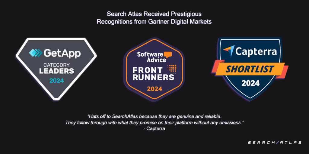 Search Atlas has earned multiple accolades from the Gartner Digital Markets brands: Capterra, Software Advice, and GetApp. search atlas gartner digital markets brands capterra getapp software advice
