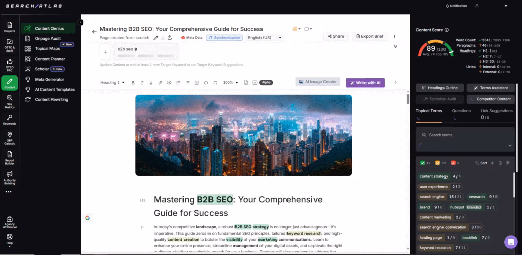 Content Genius generates the most optimized B2B SEO content, complete with headings, well-placed focus and related keywords, images, and more. search atlas content genius mastering B2B SEO