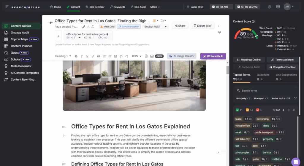 Create high-ranking, tailored content for diverse office types using the Search Atlas Content Genius tool. search atlas content genius office types